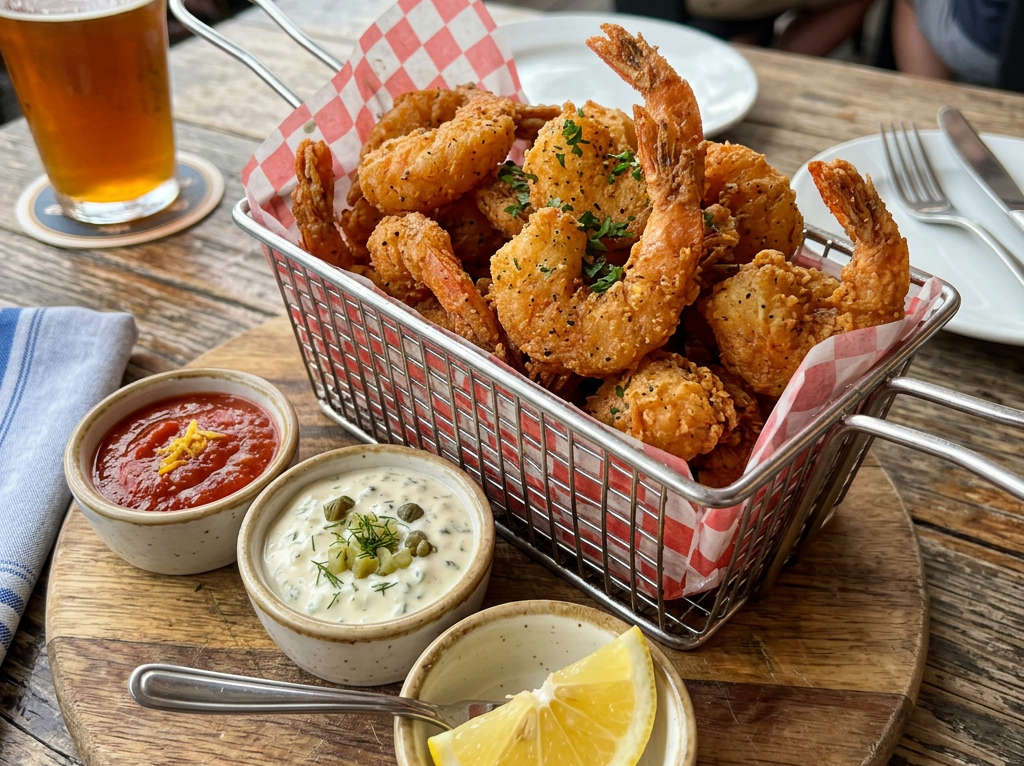 Basket of crispy fried shrimp with cocktail sauce, tartar sauce, lemon wedge, and a glass of beer