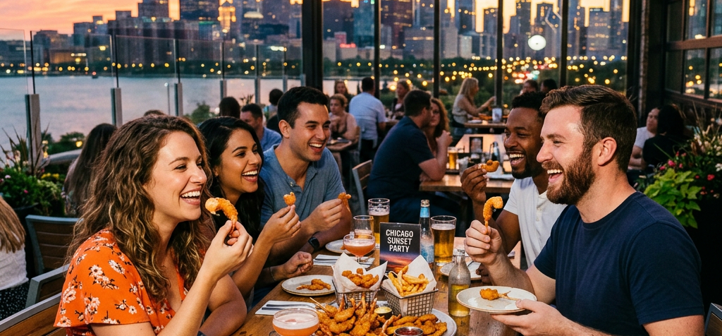 Group of friends eating shrimp and fries at rooftop restaurant with Chicago skyline at sunset