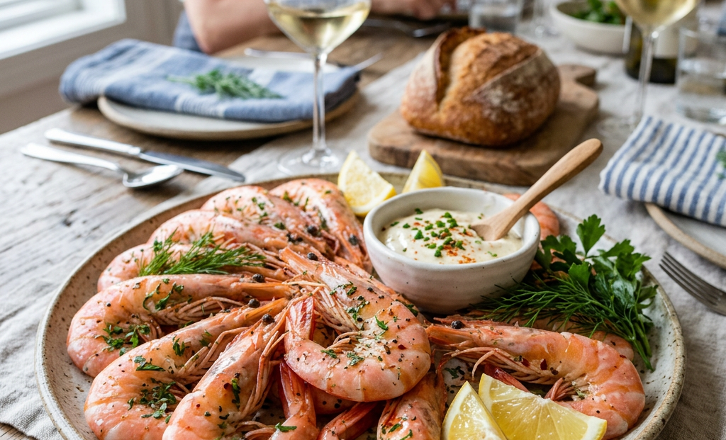 Cooked shrimp arranged on a plate with lemon wedges, herb garnish, and a bowl of sauce