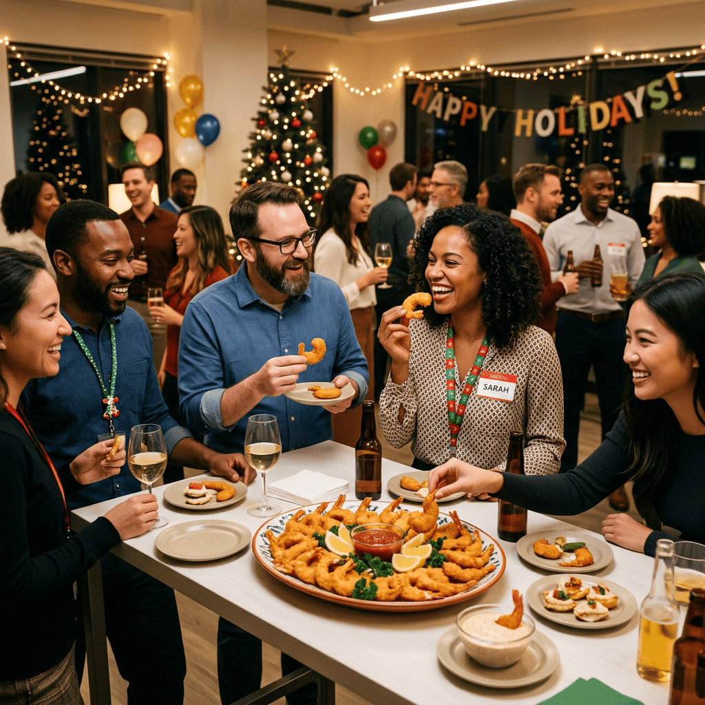 Group of coworkers happily eating shrimp appetizers at office holiday party